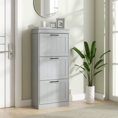 HOMCOM Slim Shoe Cabinet with 3 Flip Drawers and Adjustable Shelves, Narrow Shoe Cabinet for 15 Pairs of Shoes, Grey