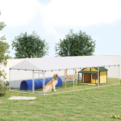 PawHut 20' x 7.5' Outdoor Dog Kennel with Waterproof Roof, Silver