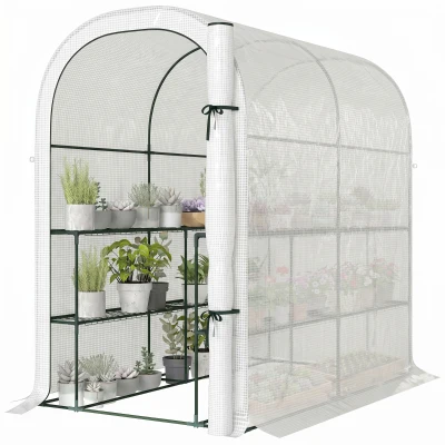 Outsunny Walk-in Mini Greenhouse with Shelves, Portable Outdoor Greenhouse with Roll-up Door, 48.4" x 73.6" x 74.4", White