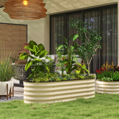 Outsunny 5' x 2' x 1.5' Large Outdoor Planter Box, Galvanized Raised Garden Bed with Metal Plant Stake, Cream White