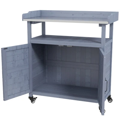 Outsunny Outdoor Wooden Potting Bench with Storage Cabinet, Aluminum Tabletop, Rubber Wheels for Backyard, Patio, Balcony, Grey