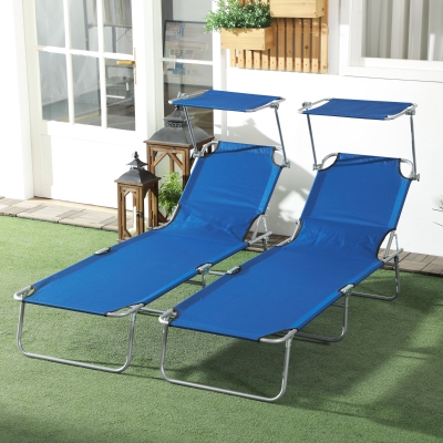 Outsunny 2 Pieces Outdoor Lounge Chair, Adjustable Folding Chaise Lounge, Tanning Chair with Sun Shade for Beach, Camping, Hiking, Backyard, Blue