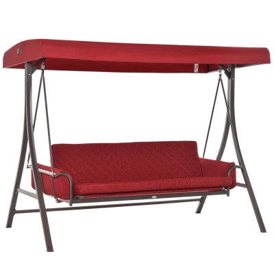 Outsunny 3 Person Porch Swing Bed, 2-in-1 Convertible Outdoor Patio Swing Chair Bench Hammock with Adjustable Canopy, Cushions, Pillows for Porch and Backyard, Red
