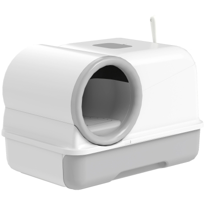 PawHut Cat Litter Box Easy Clean Drawer Odor Control Hooded Cat Litter Tray with Scoop White and Grey