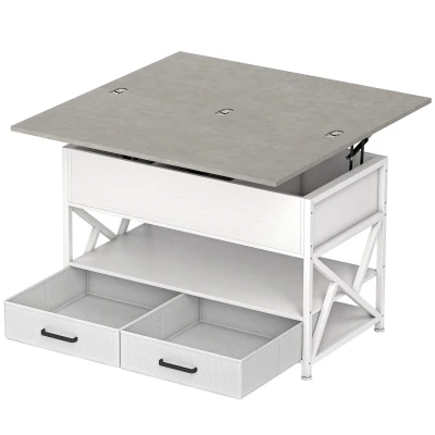 HOMCOM Modern Coffee Table, Lift Top Center Table with Fabric Drawers and Hidden Storage for Living Room, Cement Grey