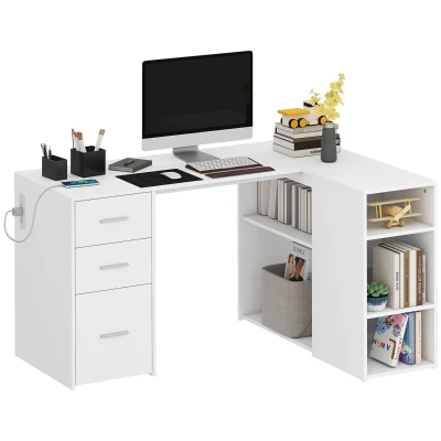 HOMCOM L Shaped Desk, 55" Corner Computer Desk with Power Outlets, File Drawer, 2 Drawers, Adjustable Shelves, White