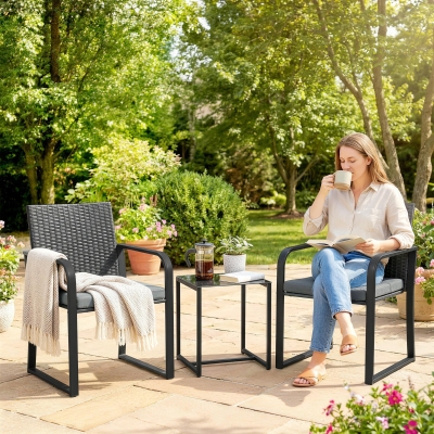 Outsunny Outdoor Bistro Set, 3 Piece Wicker Patio Furniture with Mesh Seat, Glass Table, Cushions for Porch, Balcony, Grey