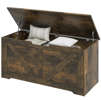 HOMCOM 39.4 Inches Storage Chest, Storage Trunk with 2 Safety Hinges for Living Room, Brown Wood Grain