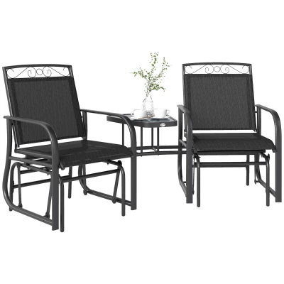 Outsunny Outdoor Glider Bench with Coffee Table, Patio 2-Seat Rocking Chair Swing Loveseat with Breathable Sling for Backyard Garden Porch, Black