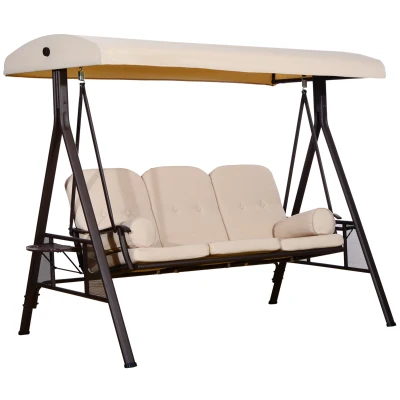 Outsunny 3 Seater Heavy Duty Swing Chair Outdoor Lounge Hammock Cushioned Seat W/ Tilt Canopy, Beige