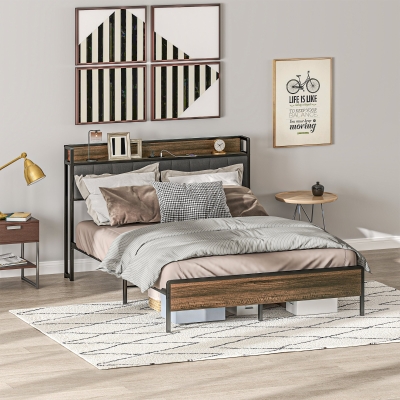 HOMCOM Queen Size Bed Frame with Charging Station, Queen Bed Frame with Upholstered Headboard and Storage Shelf, Walnut
