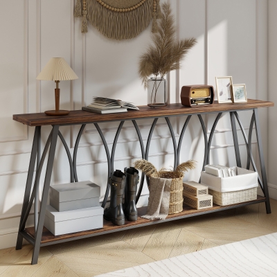 HOMCOM 71" Console Table, Industrial 2-Tier Narrow Entryway Table with Metal Frame for Living Room, Hallway, Rustic Brown