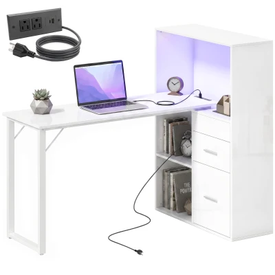 HOMCOM 54" Computer Desk with Drawers, Home Office Desk with Storage, Power Outlets and LED Lights, White