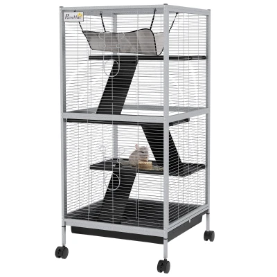 PawHut Steel Small Animal Cage for Ferret, Chinchilla, Kitten and Rabbit, Light Grey