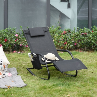 Outsunny Patio Rocking Chair with Mesh Fabric, Outdoor Rocking Sling Sun Lounger with Removable Headrest and Side Pocket for Garden, Deck, Lawn, Black