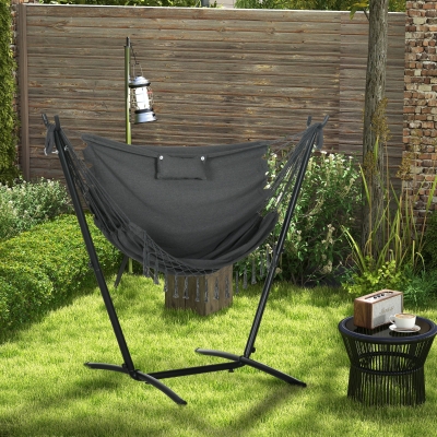 Outsunny Patio Hammock Chair with Stand, Outdoor Hammock Swing Hanging Lounge Chair with Side Pocket and Headrest, Dark Grey
