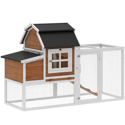 PawHut 71" Chicken Coop for 3 Chickens, Wooden Hen House with Run, Removable Tray, Nesting Box, Waterproof Asphalt Roof