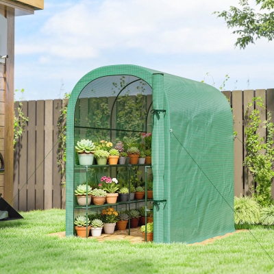 Outsunny Walk-in Mini Greenhouse with Shelves, Portable Outdoor Greenhouse with Roll-up Door, 48.4" x 73.6" x 74.4", Green