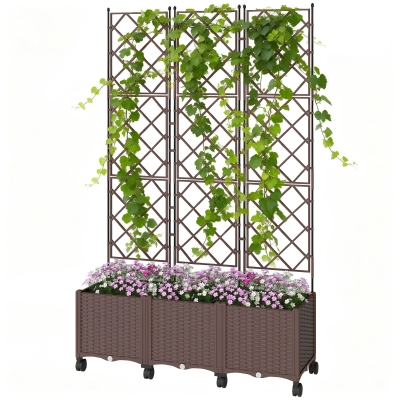 Outsunny Plastic Raised Garden Bed with Trellis, Self Watering Planter Box with Wheels, Drainage Holes and Plugs