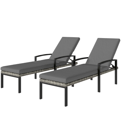 Outsunny Chaise Lounge Chairs Outdoor, Set of 2 Wicker Patio Lounge Chairs with 5-Level Adjustable Backrest, Cushion