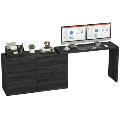 HOMCOM L Shaped Computer Desk Home Office Desk with 6 Drawers Black Wood Grain
