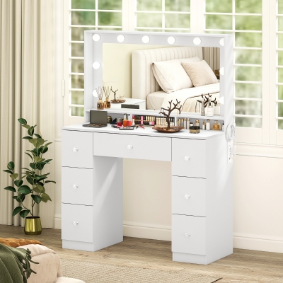 HOMCOM Vanity Desk with 10 Dimmable LED Lights, Mirror Dressing Table with 7 Drawers and Charging Station, White