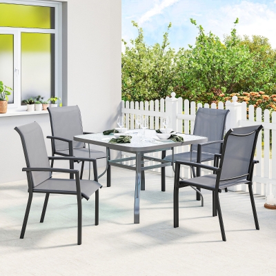 Outsunny Stackable Patio Chairs Set of 4, Outdoor Dining Chairs with All Weather Breathable Mesh and Armrests, Grey