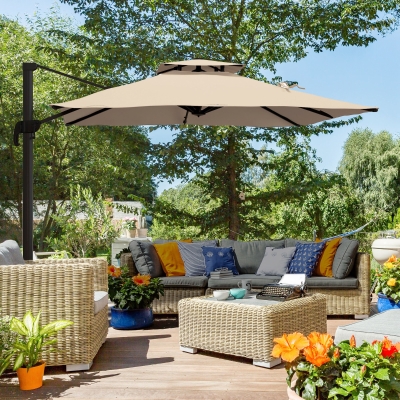 Outsunny 10ft Square Cantilever Patio Umbrella, 360° Rotating Overhanging Umbrella with Cross Base, Crank Handle, Khaki