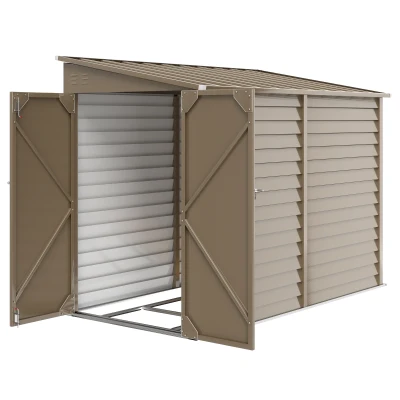 Outsunny 4.7' x 9' Steel Outdoor Storage Shed, Lean to Shed, Metal Tool House with Foundation Kit, Lockable Doors, Gloves and 2 Air Vents for Backyard, Patio, Lawn, Brown