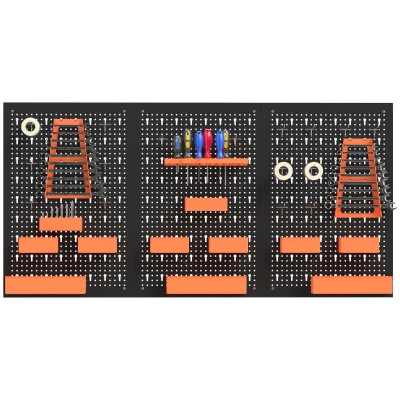 HOMCOM 33 Piece Metal Pegboard Panels, Peg Board with 16 Hooks, Bins and Racks, Black and Orange