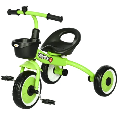 Qaba Tricycle for Toddler 2-5 Year Old Girls and Boys, Toddler Trike with Adjustable Seat, Basket, Bell, Green