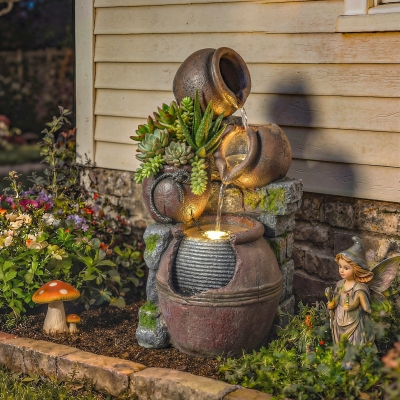 Outsunny Outdoor Fountain with 4-Tier Rustic Pot Design, Cascading Rock Waterfall with LED Lights and Adjustable Flow