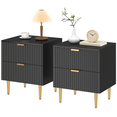 HOMCOM Bedside Table Set of 2, Modern Nightstand with 2 Drawers, Side End Table with Metal Legs for Living Room, Bedroom, Black