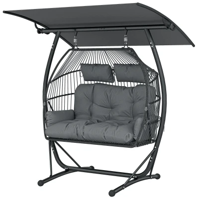 Outsunny Hanging Double Egg Chair Outdoor Egg Swing Chair with Canopy, Cushion, Stand, Dark Grey