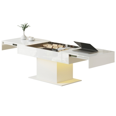 HOMCOM Extendable Coffee Table with LED Lights, Modern High Gloss Center Table with Hidden Storage for Living Room, White