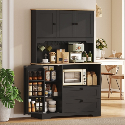 HOMCOM Kitchen Pantry Cabinet, 64" Tall Kitchen Hutch with 3 Cabinets, 2 Drawers, Adjustable Shelves, Microwave Stand, Black