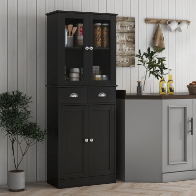 HOMCOM 61" Kitchen Pantry Cabinet, Freestanding Farmhouse Buffet Storage Cabinet with Soft Close Glass Doors and Adjustable Shelves, Black