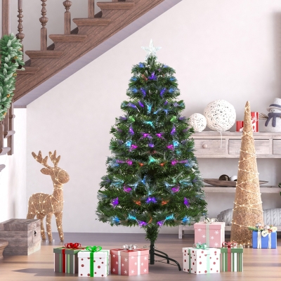 HOMCOM 4ft Pre-Lit Optic Fiber Xmas Tree Artificial Spruce Tree Top Star