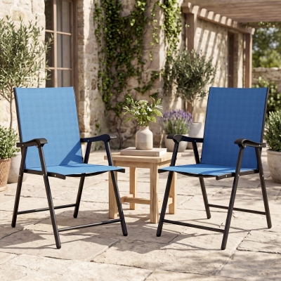 Outsunny Folding Patio Chairs Set of 2, High Back Outdoor Dining Chairs with Breathable Mesh Seat for Lawn, Deck, Blue