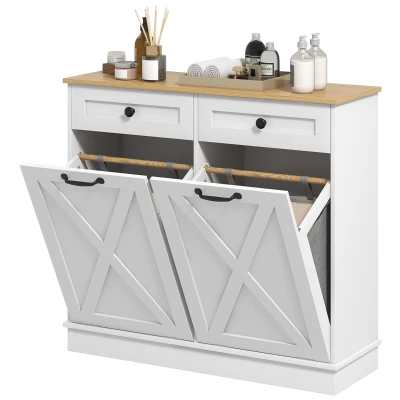 HOMCOM Tilt Out Laundry Cabinet, Bathroom Storage Cabinet with 2 Removable Baskets and 2 Drawers, White