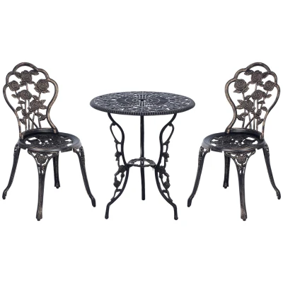 Outsunny 3 Pieces Aluminum Bistro Set, Bistro Table Set Outdoor Patio Furniture with Umbrella Hole, Patio Table and Chairs with Floral Patterns for Garden, Balcony, Porch, Bronze