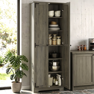 HOMCOM 67" Farmhouse Pantry Cabinet with 2 Doors, Tall Storage Cabinet with Adjustable Shelves, Distressed Grey