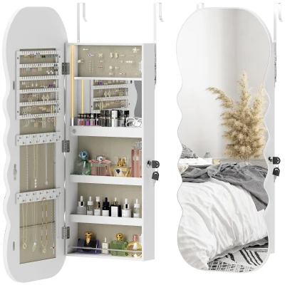 HOMCOM Jewelry Armoire Cabinet with Lights, Wall Mounted or Door Hanging Mirror Jewelry Cabinet with Full Length Mirror, White