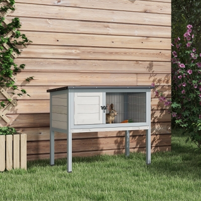 PawHut Wooden Rabbit Hutch with Openable Asphalt Roof, Tray, Light Grey