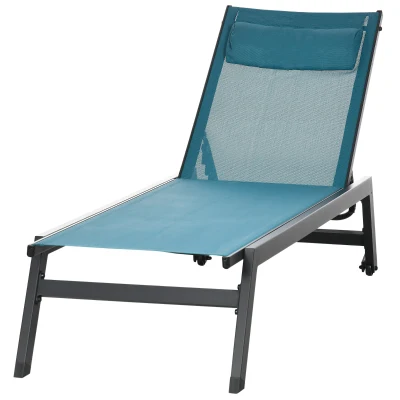 Outsunny Outdoor Lounge Chair, 5-Position Tanning Chair with Wheels, Headrest, Aluminum Frame for Poolside, Beach, Blue