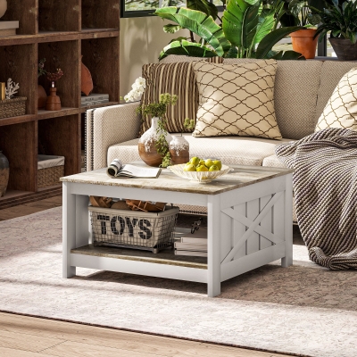 HOMCOM 31.5" Square Coffee Table, Farmhouse 2-Tier Center Table for Living Room, Distressed Oak and Brown