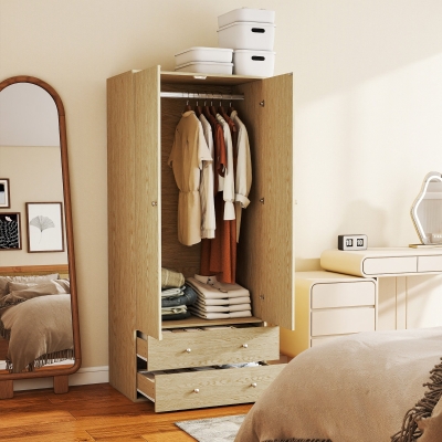HOMCOM Modern Wardrobe Closet Armoire with 2 Drawers and Hanging Rod, Clothes Storage Organizer for Bedroom, Natural Wood