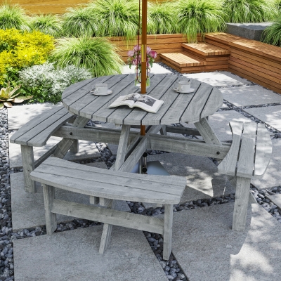 Outsunny 8 Seater Round Wooden Pub Bench & Picnic Table, Patio Dining Set for Outdoor Patio (Umbrella Not Included)
