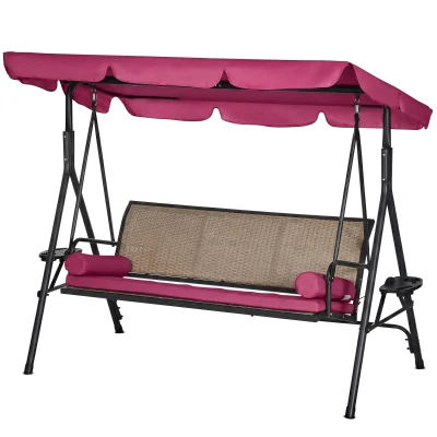 Outsunny Outdoor 3-Seat Porch Swing with Canopy, Rattan Seat, Removable Cushion, Pillows and Steel Frame