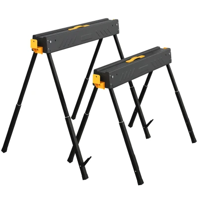HOMCOM Mitre Saw Stands, Sawhorses with Height Adjustable Legs, 2x4 Bracket, Carry Handle, Black
